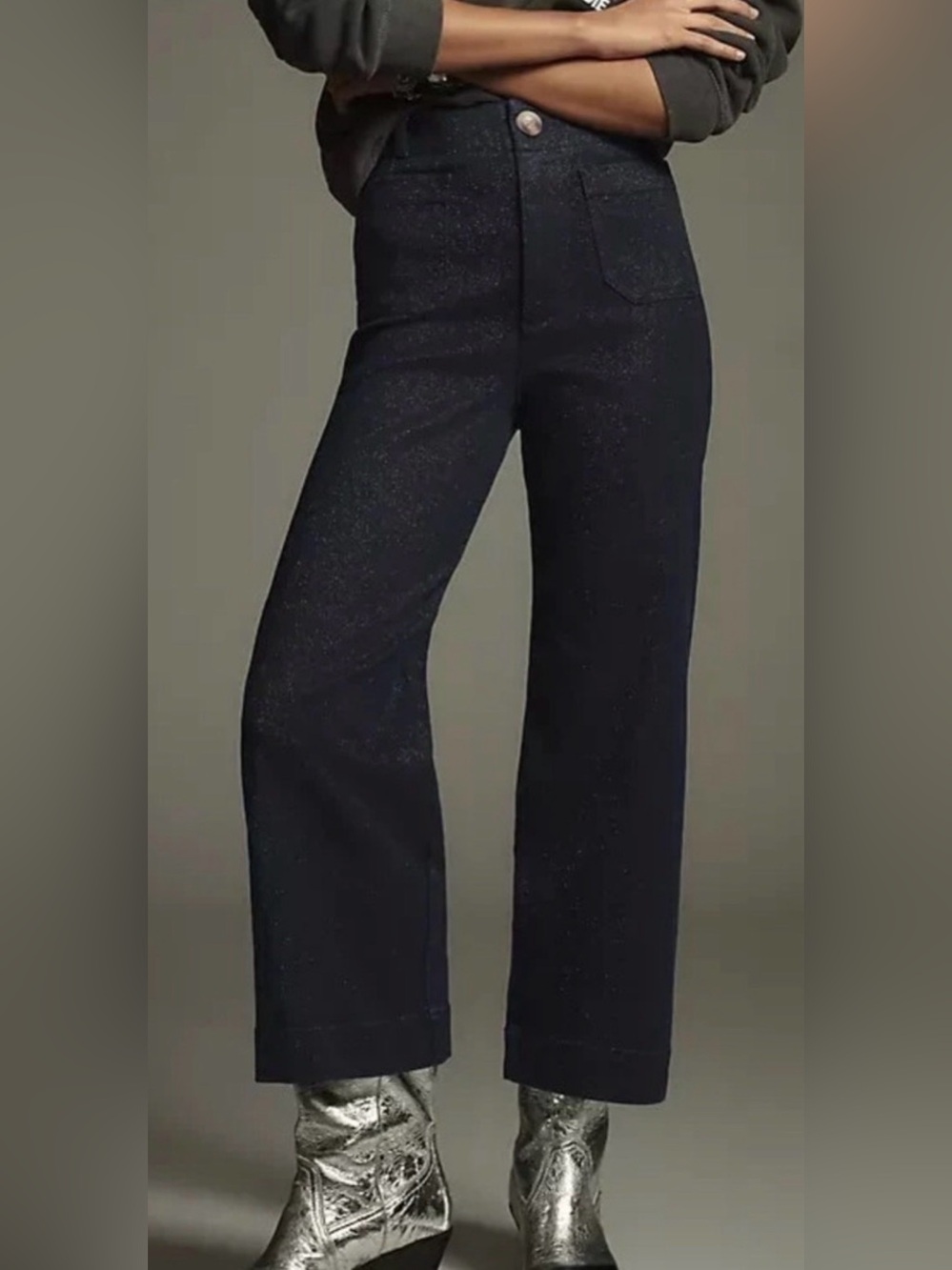 Anthro Maeve Colette Pants Sparkle Edition Black Wide Leg Crop Lurex 27 EUC - Picture 3 of 10